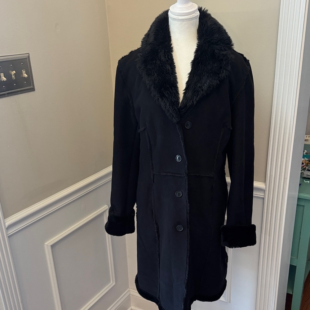 Liz Claiborne Black Suede, Fur-Trimmed Women's Coat